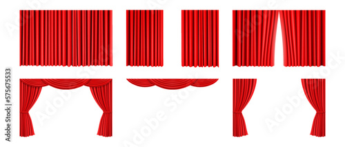 Luxury red silk velvet curtains and draperies and pelmet for window or theater stage decoration. interior decoration design ideas, 3d realistic collection, isolated vector illustration photo