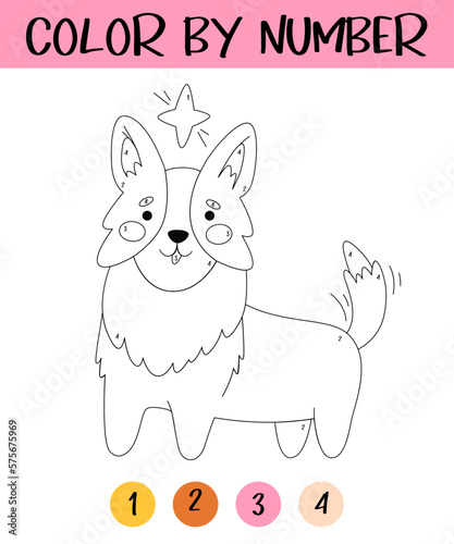 Color by number game for kids. Cute corgi with star. Happy little puppy coloring book. Kawaii dog. Printable worksheet with solution for school and preschool. Learning numbers activity.