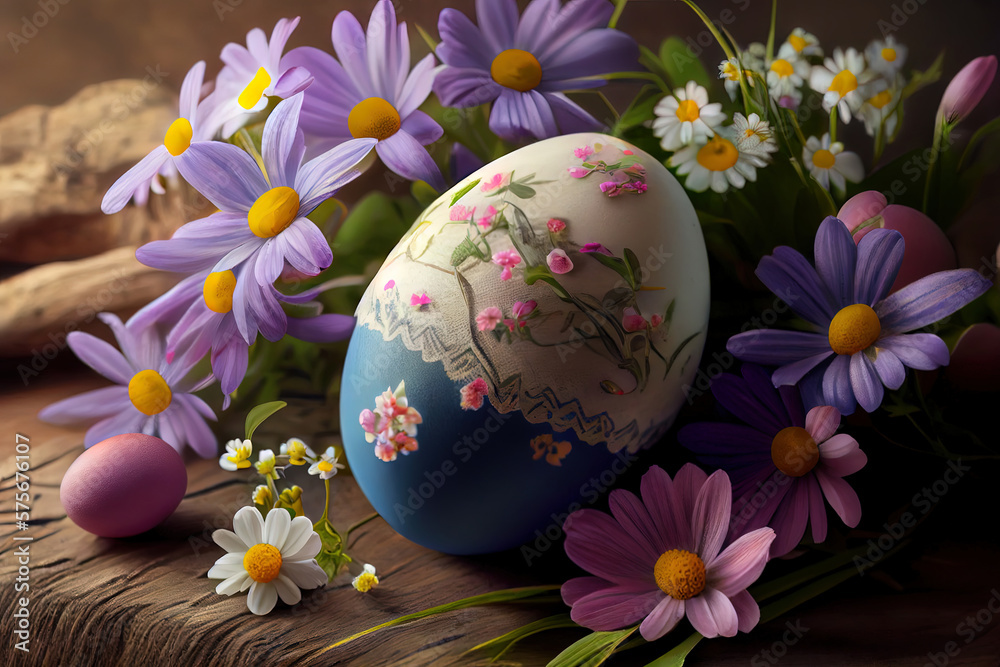 Fototapeta premium Easter eggs and Bloomed Spring Flowers. Generative Ai