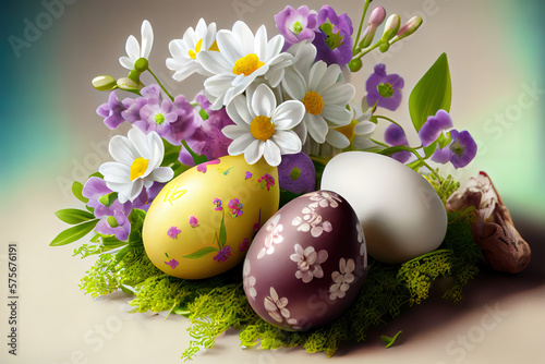 Easter eggs and Bloomed Spring Flowers. Generative Ai