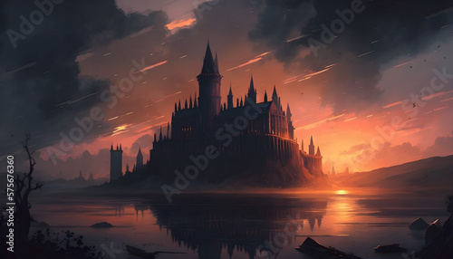 magical castle in the evening with sunset ray -ai generative