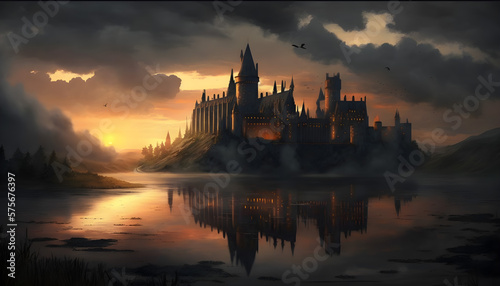sunset over the castle- ai generative 