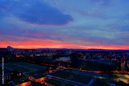 sunset over the city with red and blue colors