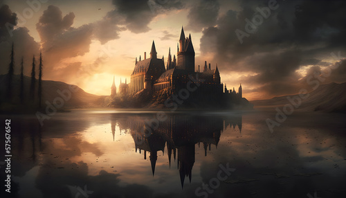 magical castle scene with sunset over the river -ai generative 