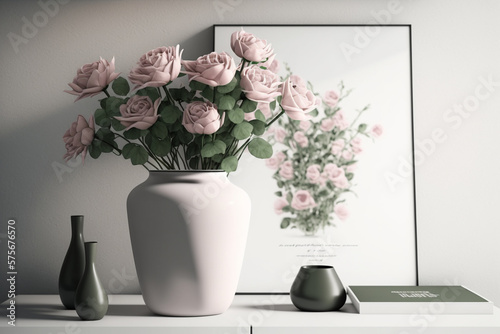 Scandinavian Table with Pink Roses Illustration. AI generated.