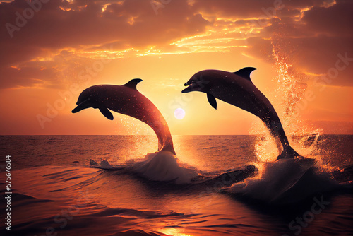 A pair of dolphins swim in the ocean at sunset. AI generated