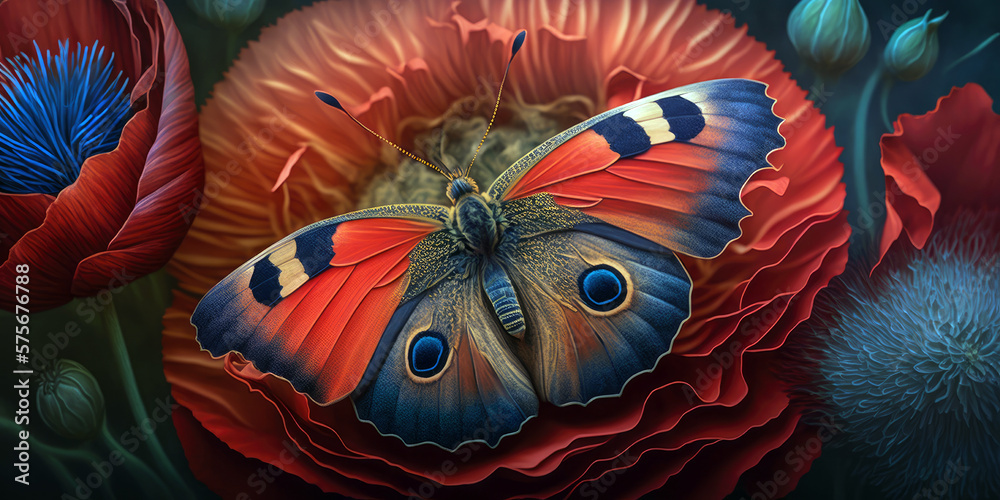 Whimsical Shot of Butterfly Perched on Red Poppy with Dreamy Background (created with Generative AI)