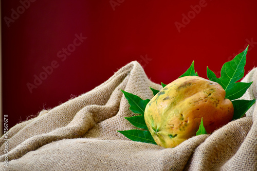 Ripe papaya placed on a jute cloth. Healthy papaya fruit on sale