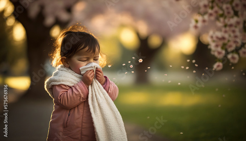 Cute little child suffers with pollen allergy and sneezing use a tissue. Spring blossom park outdoor background. AI generative image.
