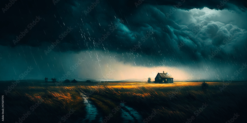Fototapeta premium Rain pouring down on a lonely field, the distant sound of thunder echoing in the background
