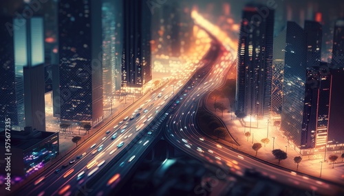 night modern city with traffic light in bird eyes view , Generative AI