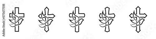 Christian cross icon set. Christian cross with dove. Cross with dove. Spirituality symbol. Christian cross with spirit. Christianity symbol set. Flat vector graphic