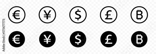 International currency symbol icons isolated on transparent background. Currency symbols. Euro, dollar, Pound, Yuan, Bitcoin. Money kind icons. Vector graphic