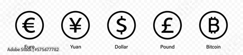 International currency symbol icons. Currency symbols. Euro, dollar, Pound, Yuan, Bitcoin.  Money kind icons. Vector graphic
