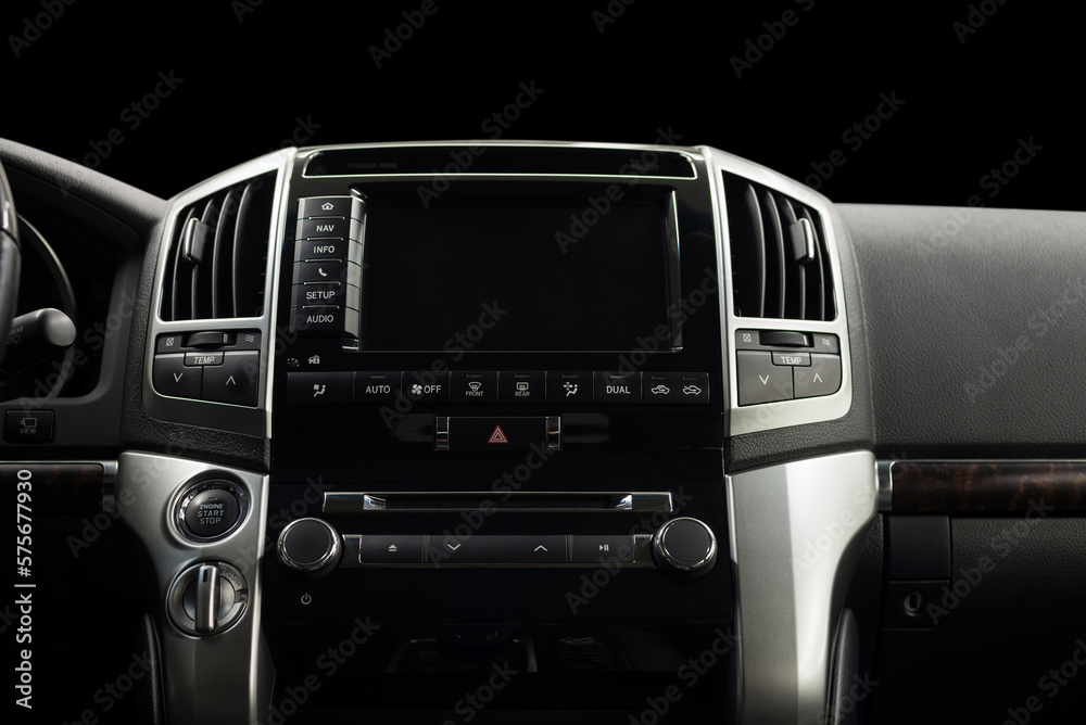Classic car inside. Multimedia screen close-up. Interior detail. Classic car inside. Multimedia screen close-up. Interior detail.