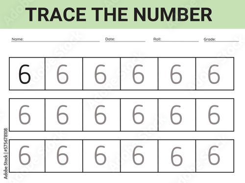 Number 6. card for kids learning to count and to write, worksheet for kids to practice writing skills, Vector illustration