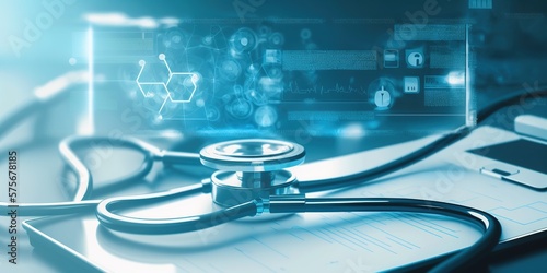 medical theme background with stethoscope and medical symbols, generative AI