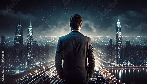 Businessman standing with his back on the rooftop over night modern city , Generative AI