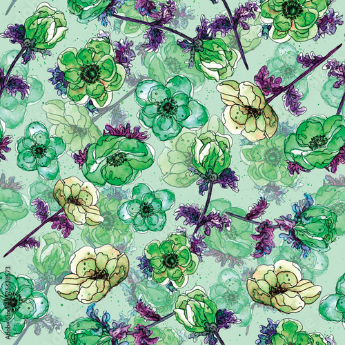 Green Anemone flowers in a seamless pattern on a green background