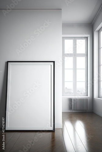 Un cadre photo vide blanc maquette minimaliste sur un mur avec des meubles en arrière-plan. © Merilno