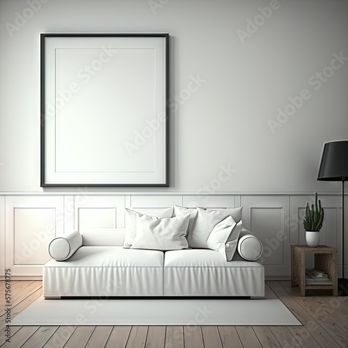 Un cadre photo vide blanc maquette minimaliste sur un mur avec des meubles en arrière-plan. © MiniMaxi