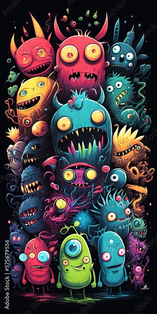 Beaucoup de monstres drôles dans le style d'art doodle avec beaucoup de couleurs. Idéal comme fond d'écran.