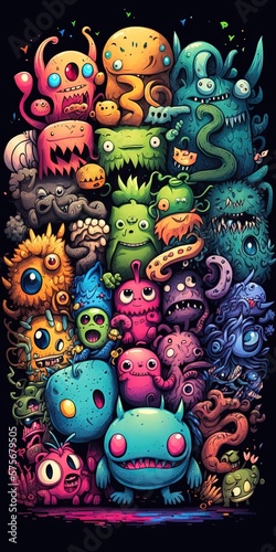 Beaucoup de monstres drôles dans le style d'art doodle avec beaucoup de couleurs. Idéal comme fond d'écran. © MiniMaxi