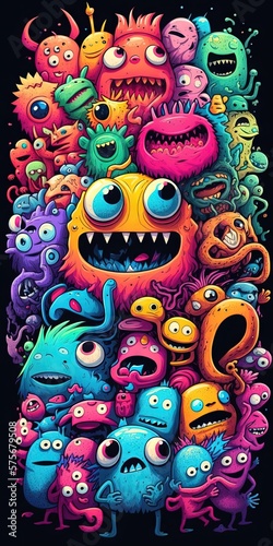 Beaucoup de monstres drôles dans le style d'art doodle avec beaucoup de couleurs. Idéal comme fond d'écran.