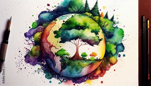 Fototapeta Naklejka Na Ścianę i Meble -  Watercolor illustration of nature for earth day generative ai