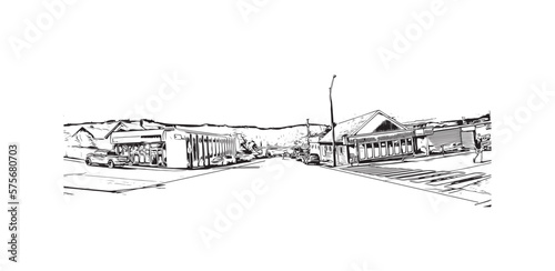 Building view with landmark of Port Alberni is the  city in Canada. Hand drawn sketch illustration in vector. 