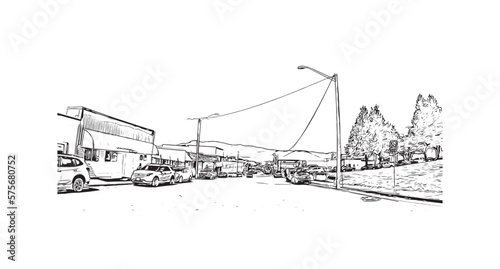 Building view with landmark of Port Alberni is the 
city in Canada. Hand drawn sketch illustration in vector. 