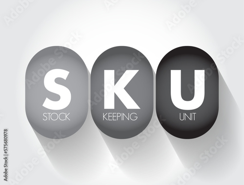 SKU Stock Keeping Unit - scannable bar code, seen printed on product labels in a retail store, acronym text concept background