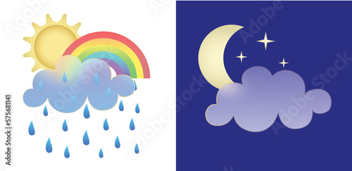 Set of weather icons. Glassmorphism style symbols for meteo forecast app Elements Isolated on white background Day night summer spring season sings Rainbow, rain and moon clouds. Vector illustrations