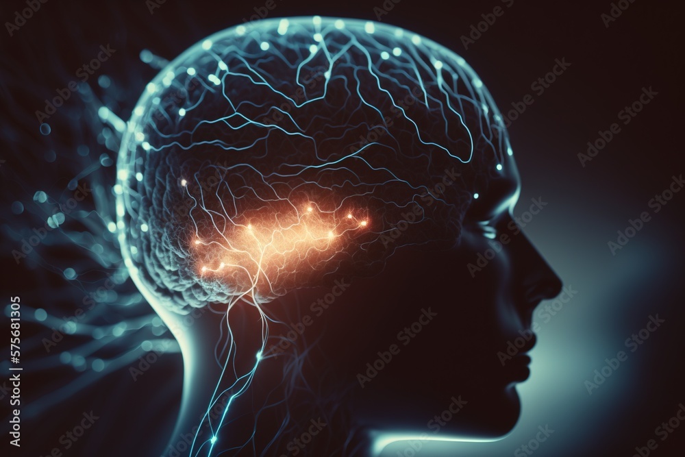 Human head with glowing neurons in the brain. Esoteric. Meditation. Generative AI. Human head with glowing neurons in the brain. Esoteric. Meditation. Generative AI.