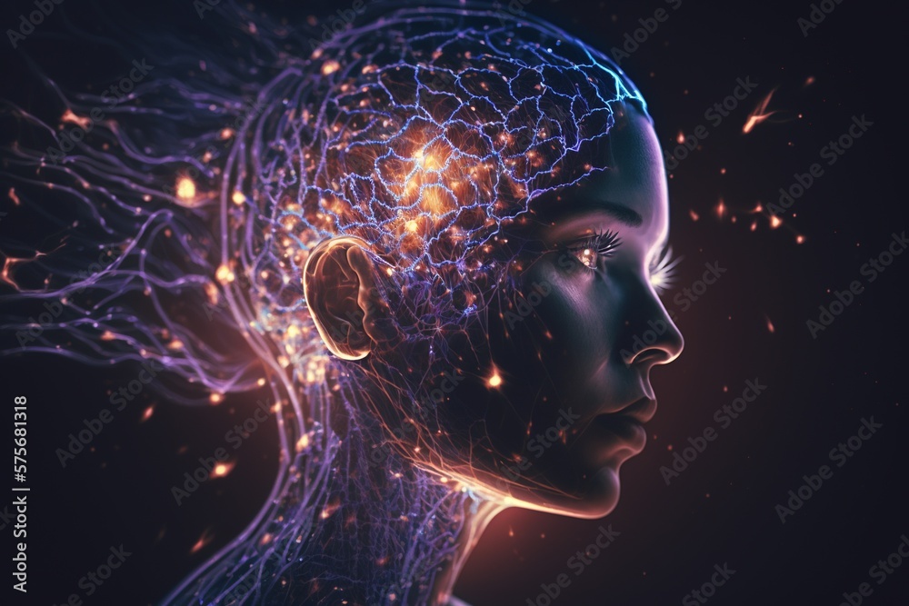 Human head with glowing neurons in the brain. Esoteric. Meditation. Generative AI. Human head with glowing neurons in the brain. Esoteric. Meditation. Generative AI.