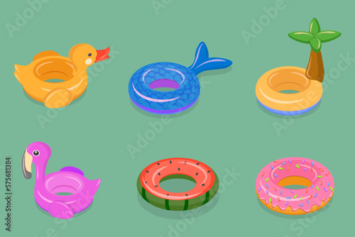 3D Isometric Flat Vector Set of Set Of Rubber Rings, Inflatable Swimming Toys