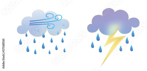 Set of weather icons. Glassmorphism style symbols for meteo forecast app. Elements Isolated on white background. Day autumn season sings. Thunderstorm lightning, rain and clouds. Vector illustrations