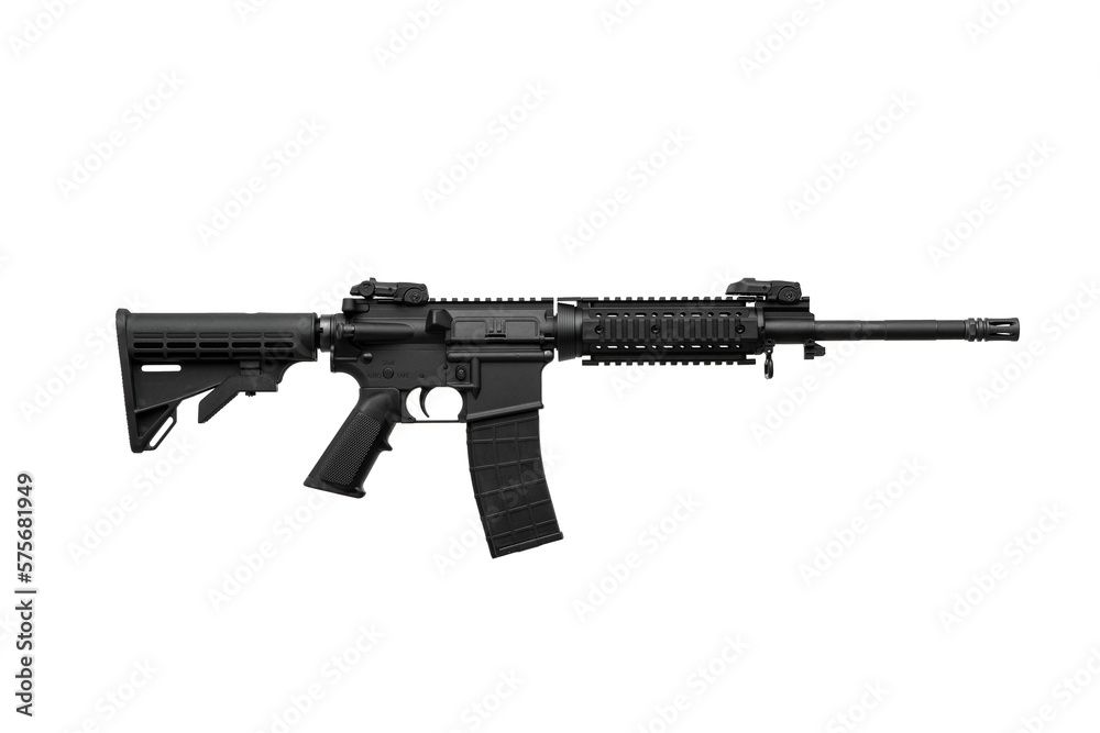 Modern automatic rifle isolated on white. Weapons for police, special forces and the army. Automatic carbine with mechanical sights.