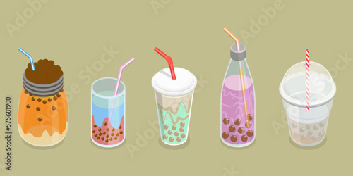 3D Isometric Flat Vector Set of Bubble Tea, Yummy Soft Drink