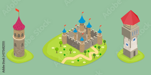 3D Isometric Flat Vector Set of Medieval Castles, Fortresses and Towers
