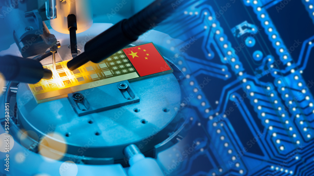 China PCB industry. Microprocessor with PRC flag. Symbol Peoples