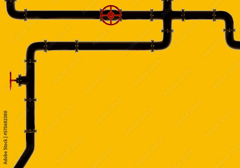 Pipes for oil and gas industry. Pipeline is isolated on yellow. Metal pipe with pressure valves. Copy space on topic of industry. Piping for factory equipment. Pipeline for plant. 3d rendering. Pipes for oil and gas industry. Pipeline is isolated on yellow. Metal pipe with pressure valves. Copy space on topic of industry. Piping for factory equipment. Pipeline for plant. 3d rendering.