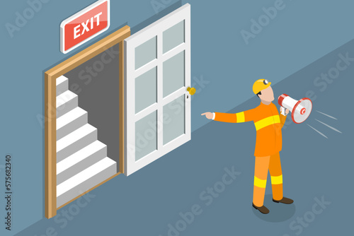 3D Isometric Flat Vector Conceptual Illustration of Emergency Evacuation Drill, Building Evacuation Procedure, Workplace Emergency Escape Training