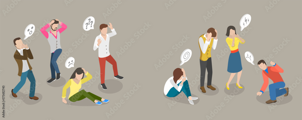 3D Isometric Flat Vector Conceptual Illustration of Shocked, Frightened, Scared Character, Emotional Gesturing People