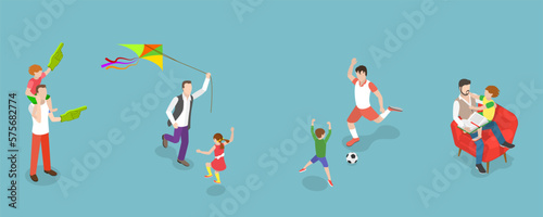 3D Isometric Flat Vector Conceptual Illustration of Father And Child, Dad and Kid Having a Leisure Time