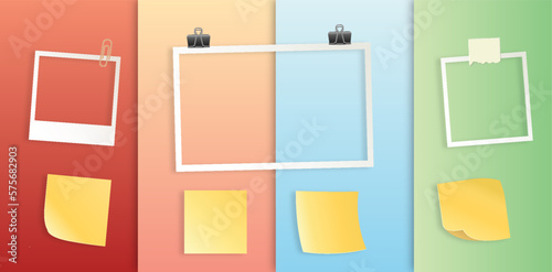 Realistic photo frame. White empty photo frame. Retro photograph with shadow. Photos hanging on adhesive tape and paper clip and binder paper clip - stock vector.