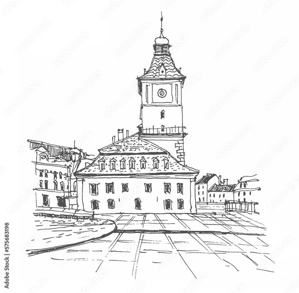 Travel sketch illustration of The Council Square in the historic centre of Brașov, Romania. Piața Sfatului. Urban sketch in black color on white background. A hand-drawn old building, a pen on paper.