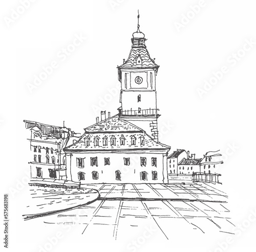 Travel sketch illustration of The Council Square in the historic centre of Bra  ov  Romania. Pia  a Sfatului. Urban sketch in black color on white background. A hand-drawn old building  a pen on paper.