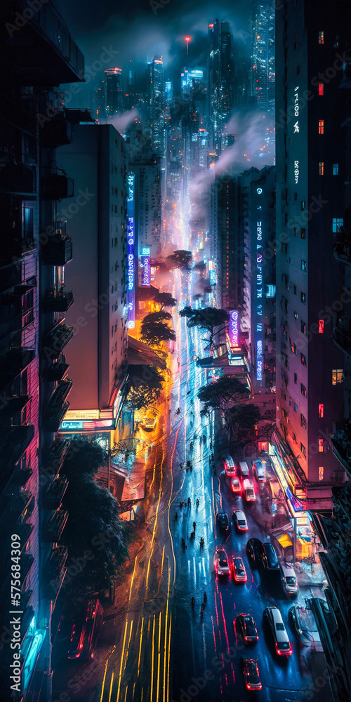 Naklejka premium Imaginary futuristic Hong-Kong by night - generative AI