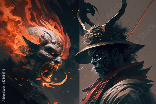 digital painting of Skull devil cyborg samurai face, 3D rendering (ai generated)